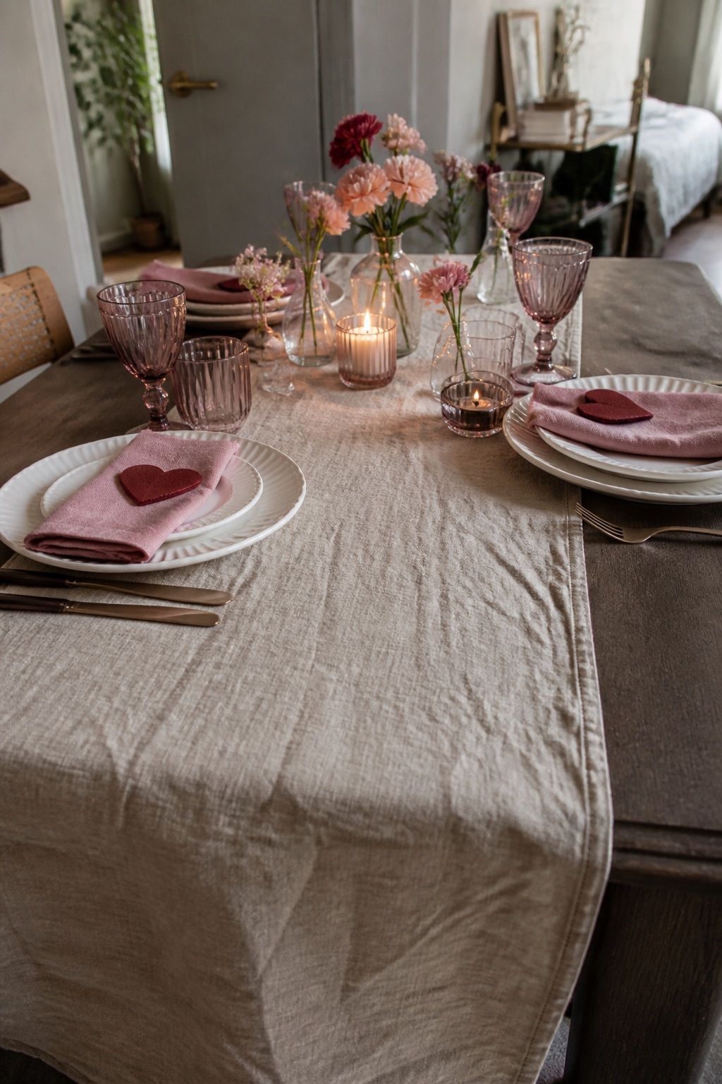 Layer a Natural Linen Runner as the Base small apartment idea for Top 17 Romantic Valentines Dinner Table Decor Ideas for Small Apartments.