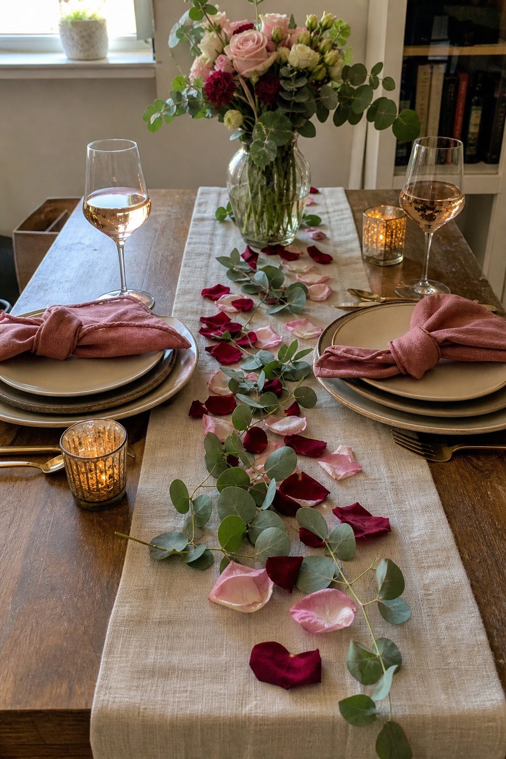 Add Loose Petals or Greenery Down the Runner small apartment idea for Top 17 Romantic Valentines Dinner Table Decor Ideas for Small Apartments.