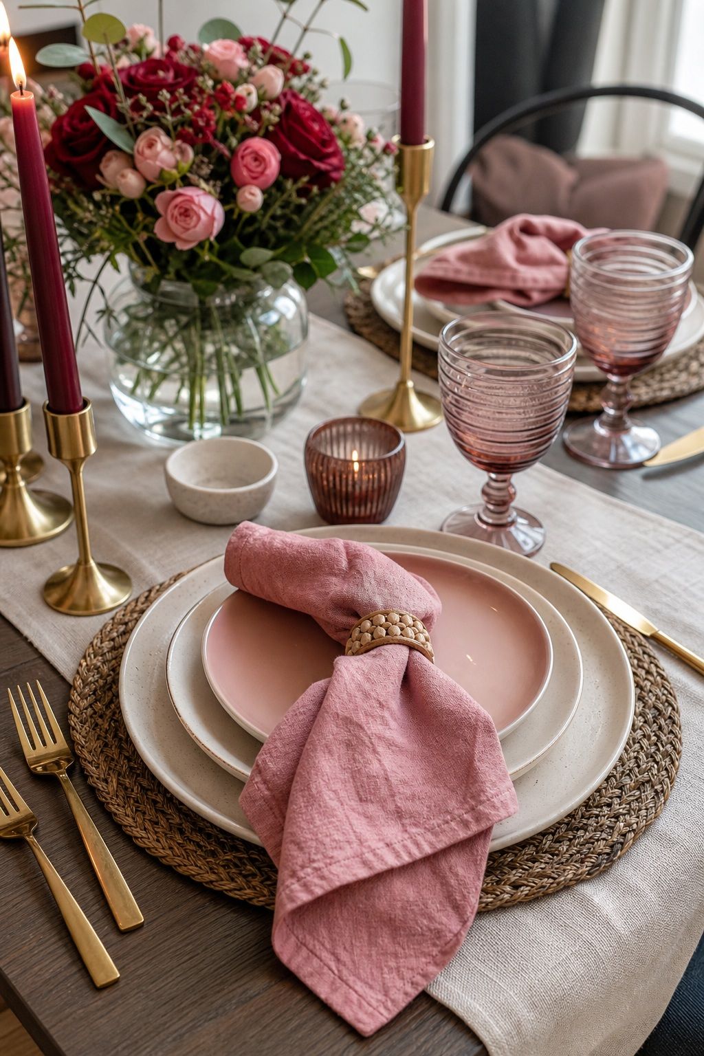 Layer Chargers, Plates, and a Linen Napkin small apartment idea for Top 17 Romantic Valentines Dinner Table Decor Ideas for Small Apartments.