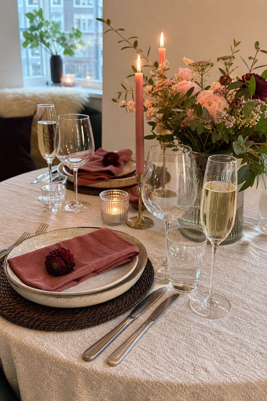 Set Two Glasses Plus a Champagne Flute small apartment idea for Top 17 Romantic Valentines Dinner Table Decor Ideas for Small Apartments.