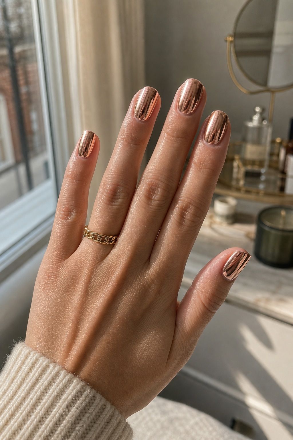Rose Gold Chrome for a Warmer Glam small apartment idea for Top 16 Classy New Years Eve Nails for a Glamorous Midnight Look.