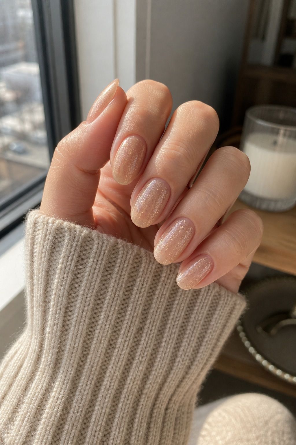 Champagne Shimmer Over a Nude Base small apartment idea for Top 16 Classy New Years Eve Nails for a Glamorous Midnight Look.