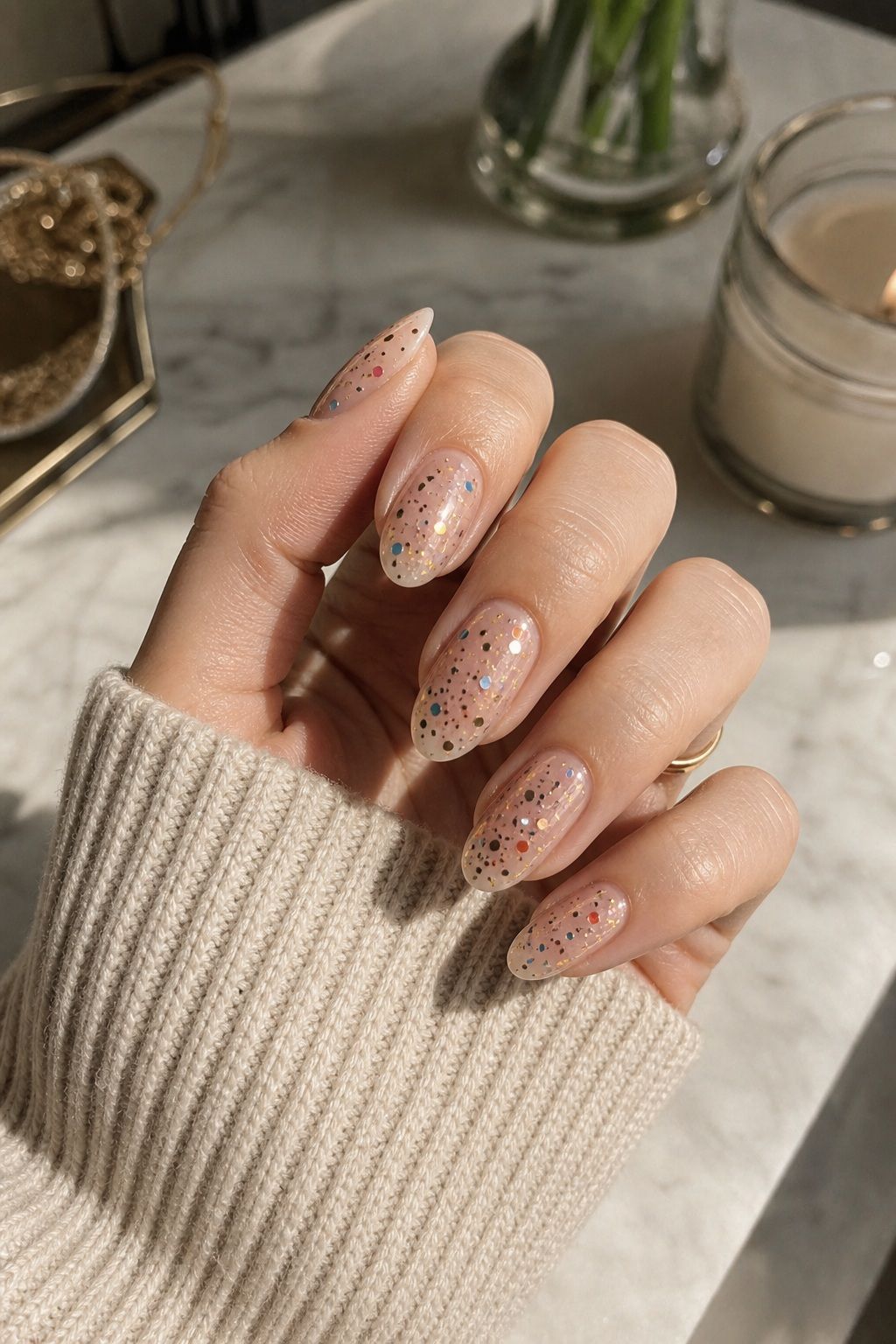 Confetti Flecks Over a Sheer Base small apartment idea for Top 16 Classy New Years Eve Nails for a Glamorous Midnight Look.