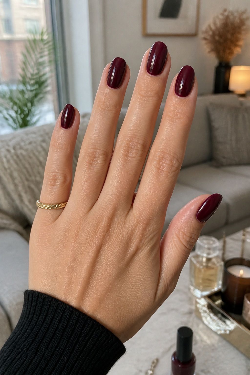 Wine-Red in a Rich Glossy Finish small apartment idea for Top 16 Classy New Years Eve Nails for a Glamorous Midnight Look.