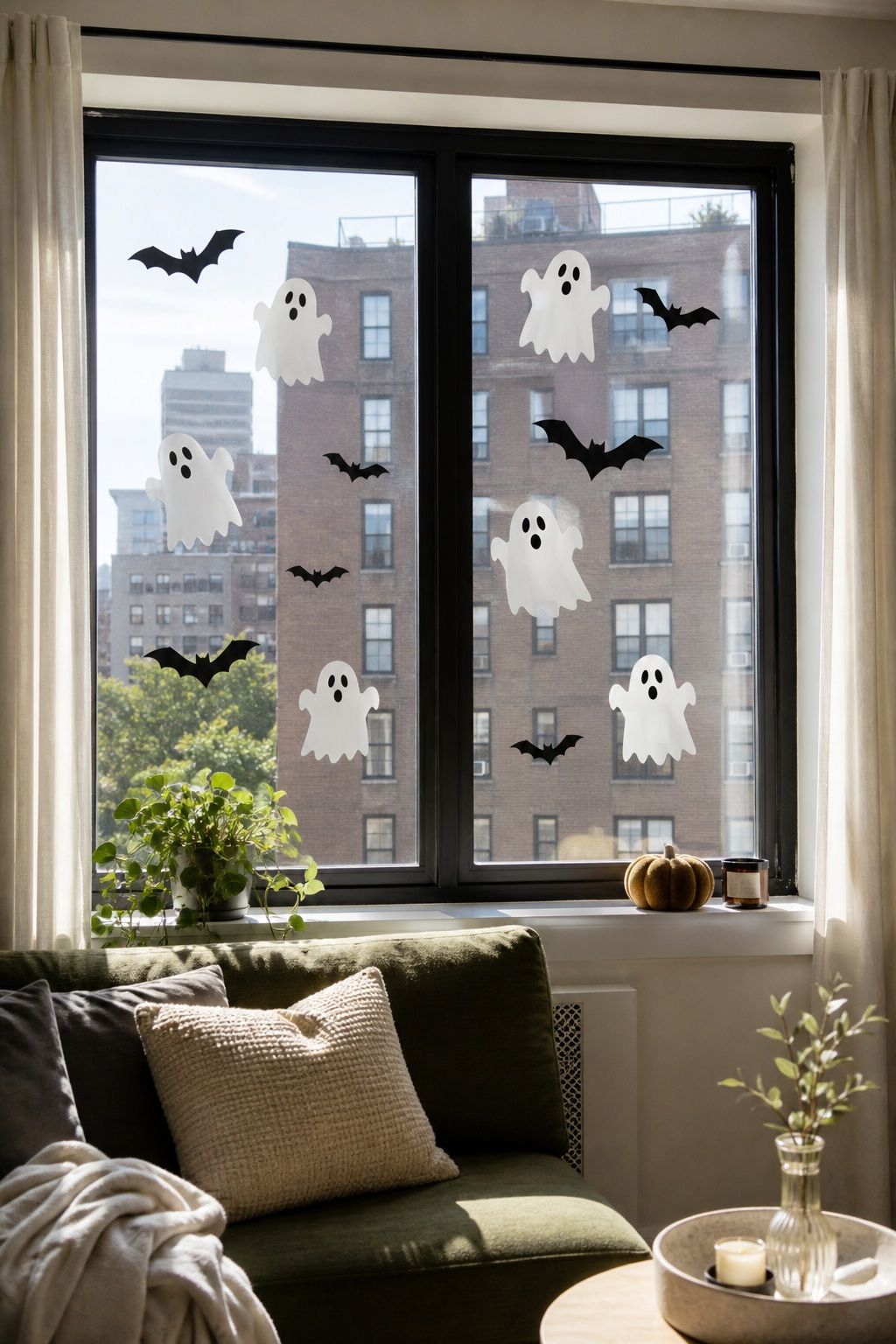 Apply Removable Ghost and Bat Window Clings small apartment idea for Top 18 Small Apartment Halloween Decorations That Make a Big Impact in Tiny Spaces.