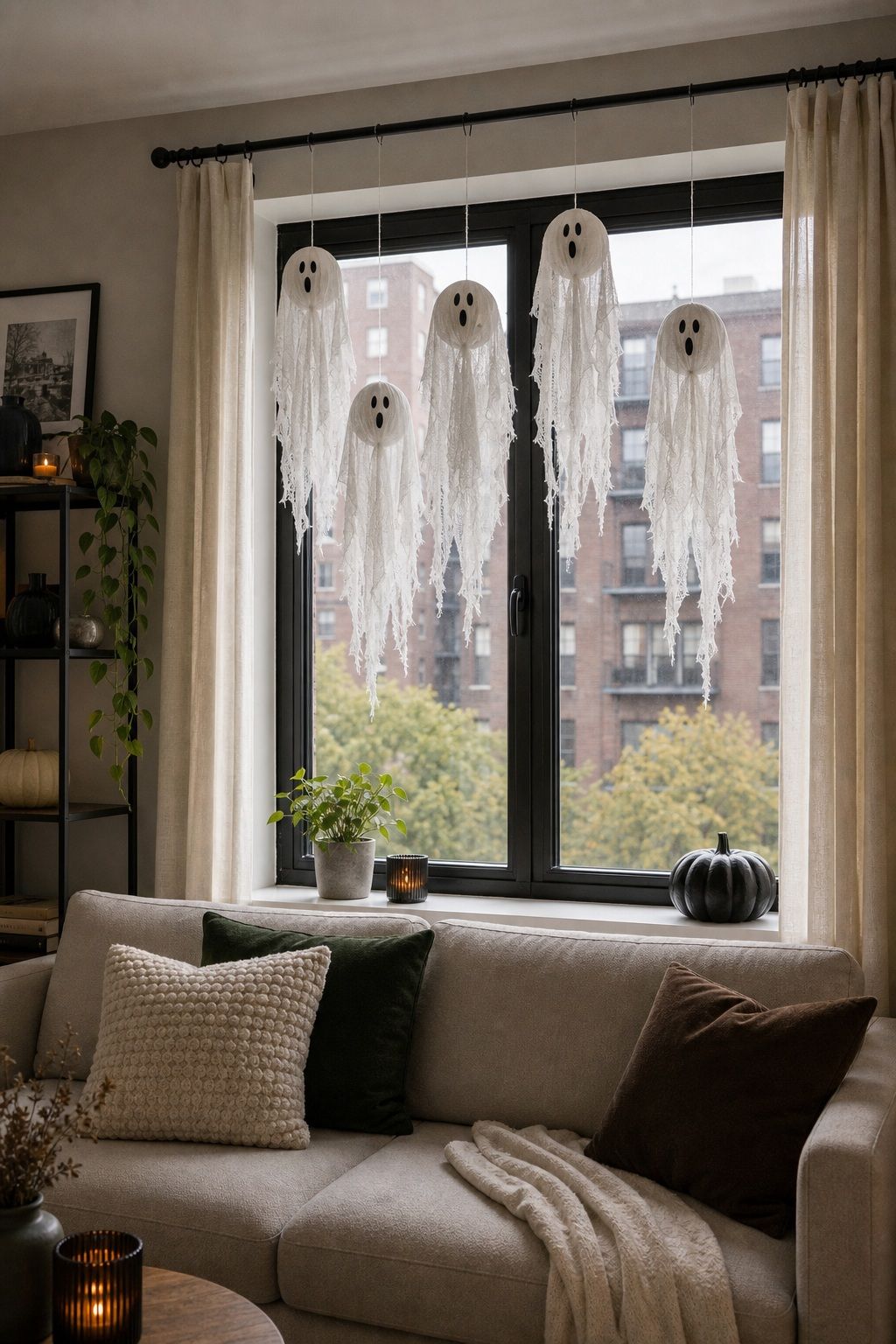 Hang Cheesecloth Ghosts From the Curtain Rod small apartment idea for Top 18 Small Apartment Halloween Decorations That Make a Big Impact in Tiny Spaces.