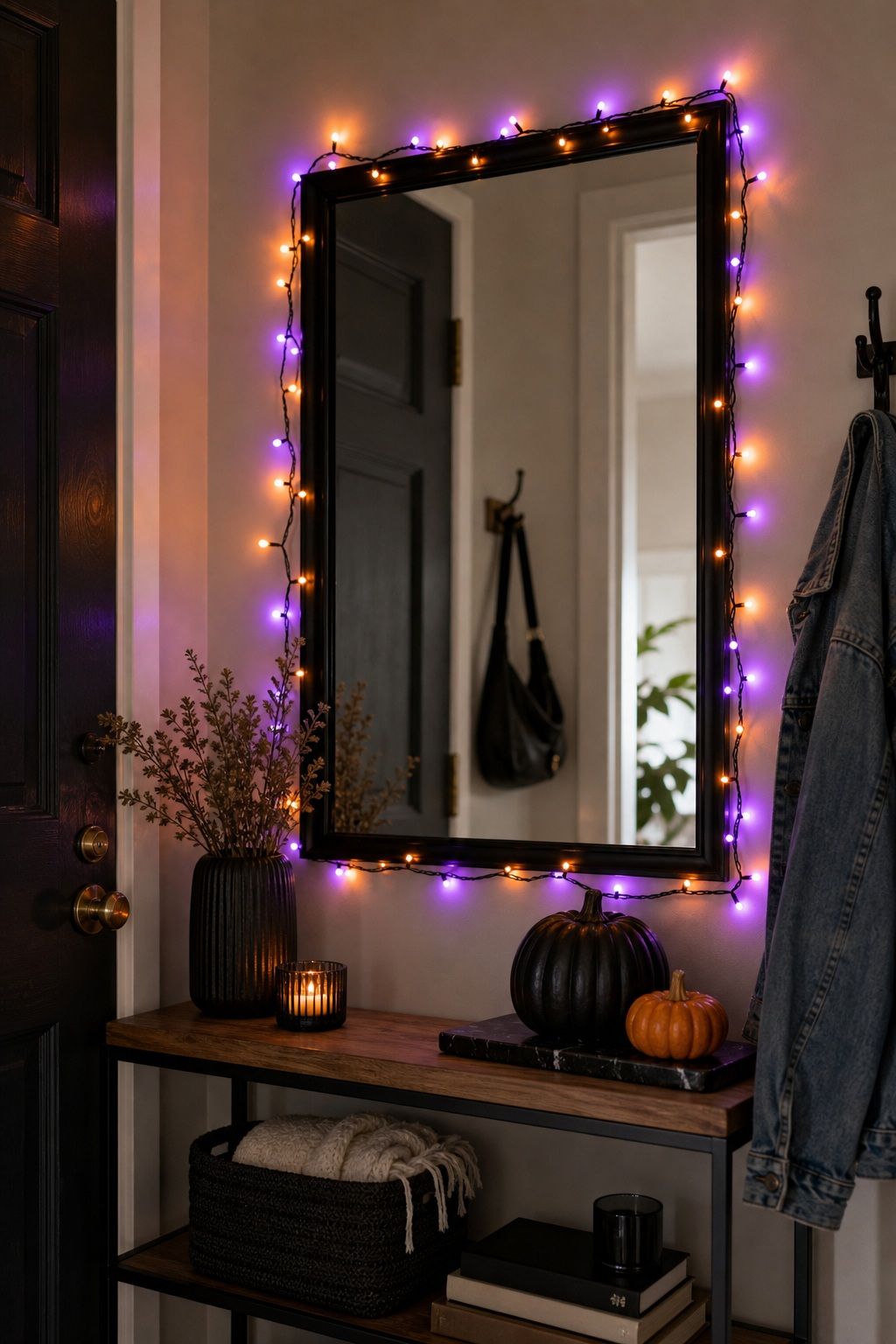 String Orange or Purple LED Lights Around the Frame small apartment idea for Top 18 Small Apartment Halloween Decorations That Make a Big Impact in Tiny Spaces.
