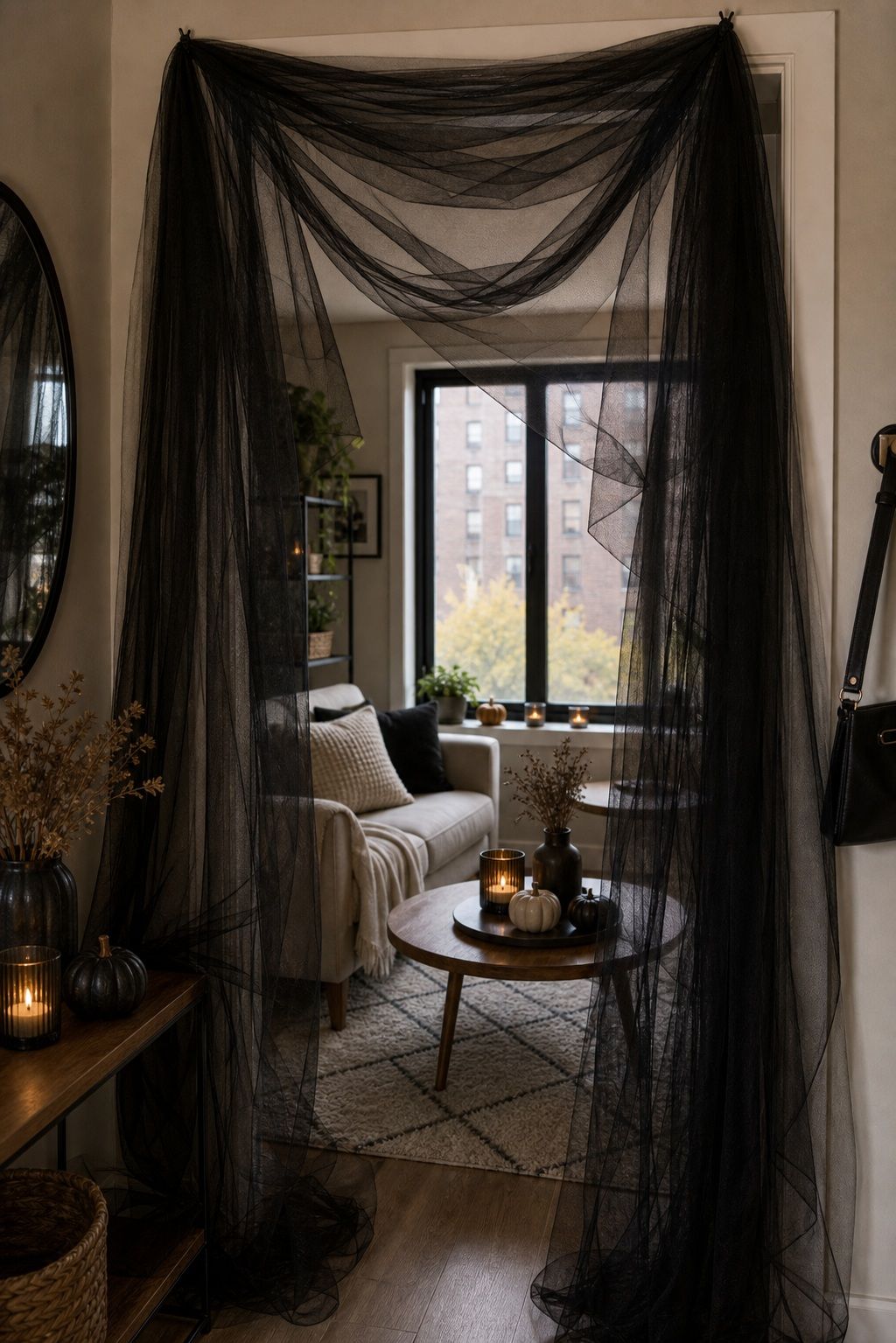 Drape Black Tulle for an Eerie Veiled Look small apartment idea for Top 18 Small Apartment Halloween Decorations That Make a Big Impact in Tiny Spaces.
