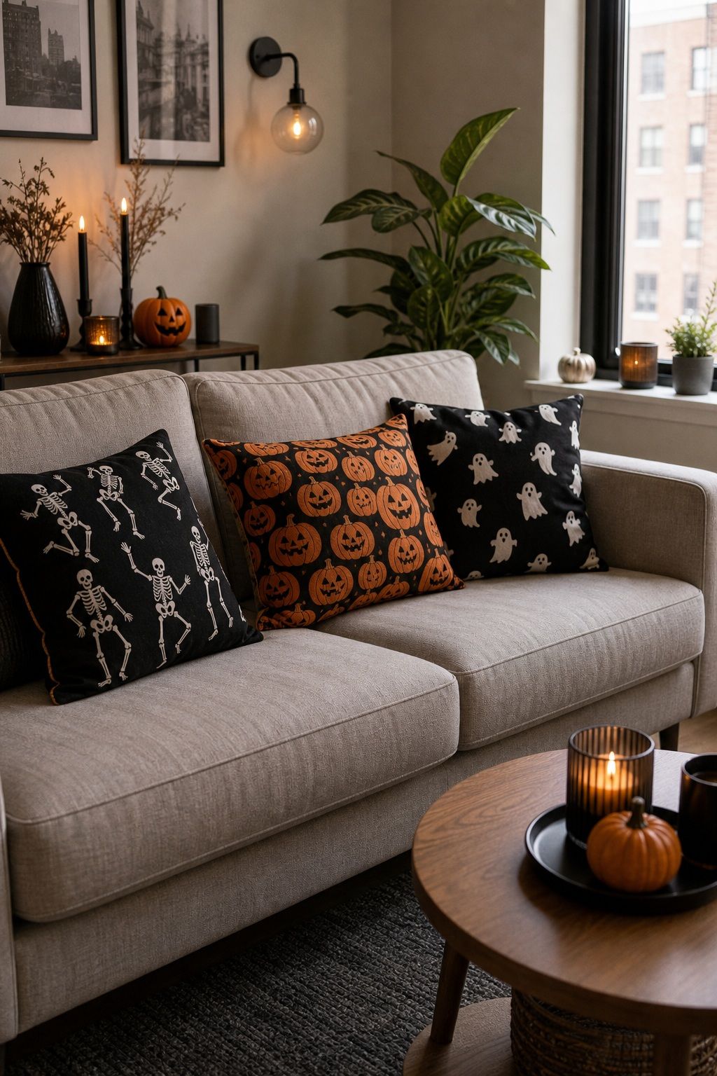 Swap Throw Pillows for Pumpkin or Skeleton Patterns small apartment idea for Top 18 Small Apartment Halloween Decorations That Make a Big Impact in Tiny Spaces.