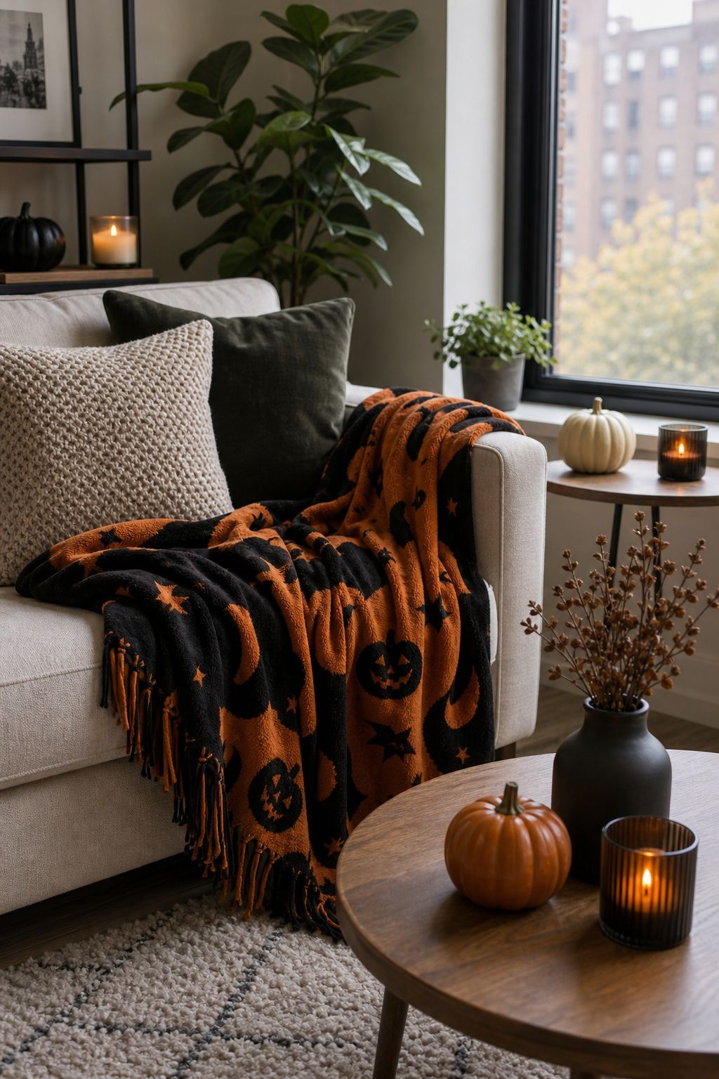 Add a Halloween Throw Blanket in Black or Orange small apartment idea for Top 18 Small Apartment Halloween Decorations That Make a Big Impact in Tiny Spaces.