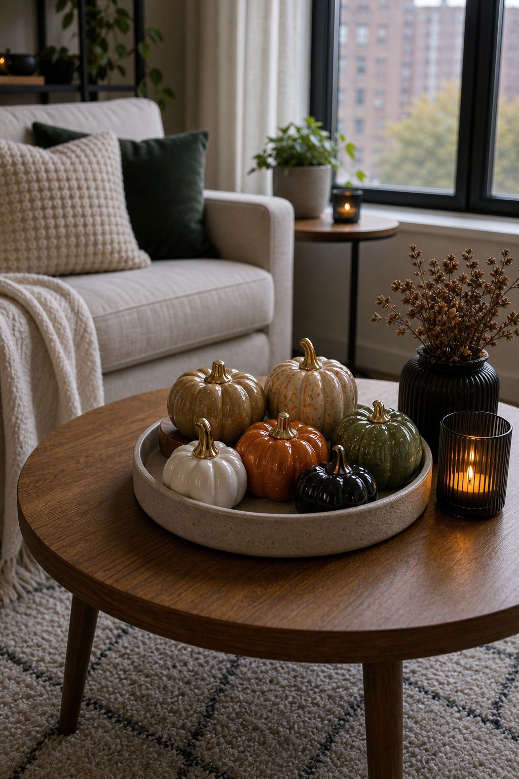 Display Mini Ceramic Pumpkins on the Coffee Table small apartment idea for Top 18 Small Apartment Halloween Decorations That Make a Big Impact in Tiny Spaces.