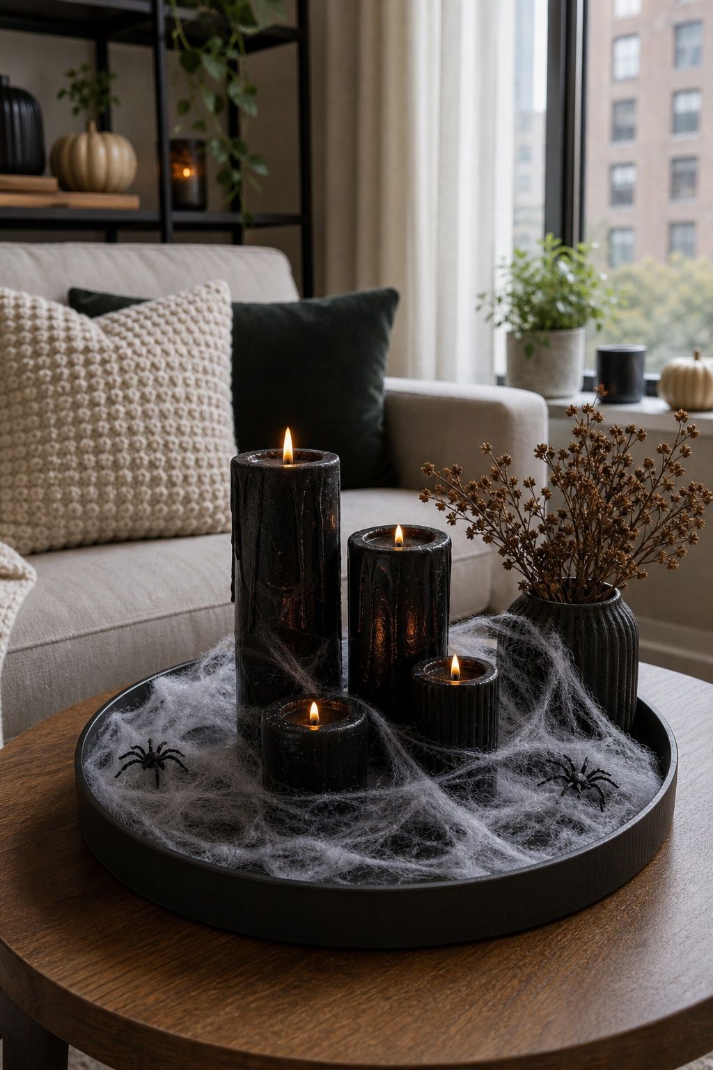 Set Up a Tray of Black Candles and Fake Spider Webs small apartment idea for Top 18 Small Apartment Halloween Decorations That Make a Big Impact in Tiny Spaces.