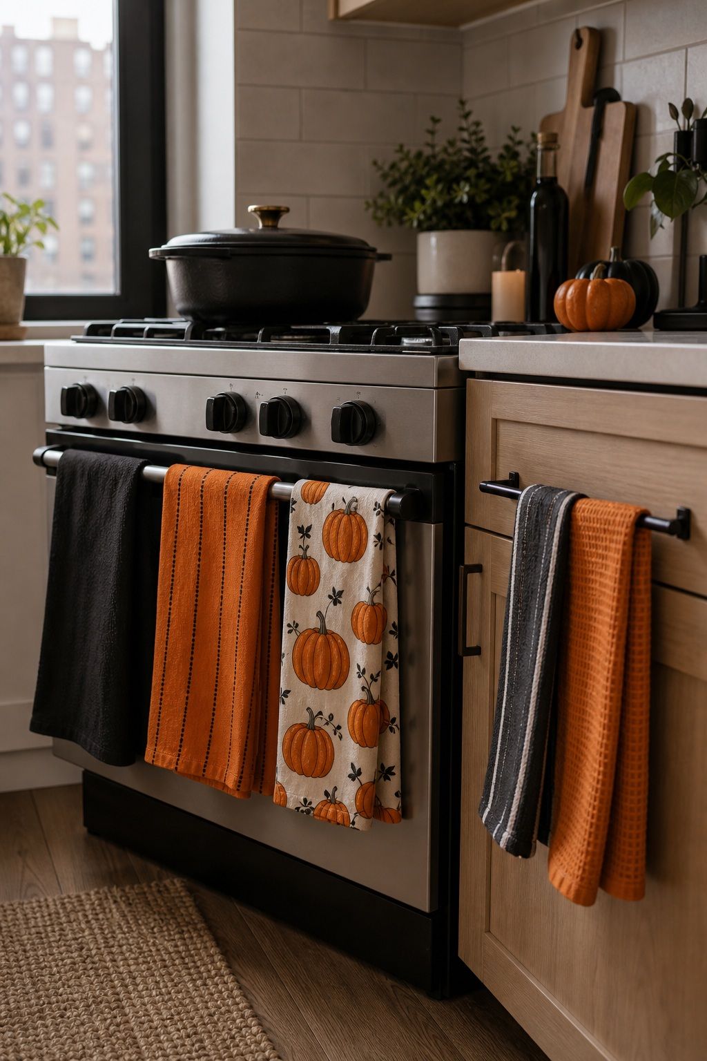 Switch Tea Towels to Black, Orange, or Pumpkin-Print small apartment idea for Top 18 Small Apartment Halloween Decorations That Make a Big Impact in Tiny Spaces.