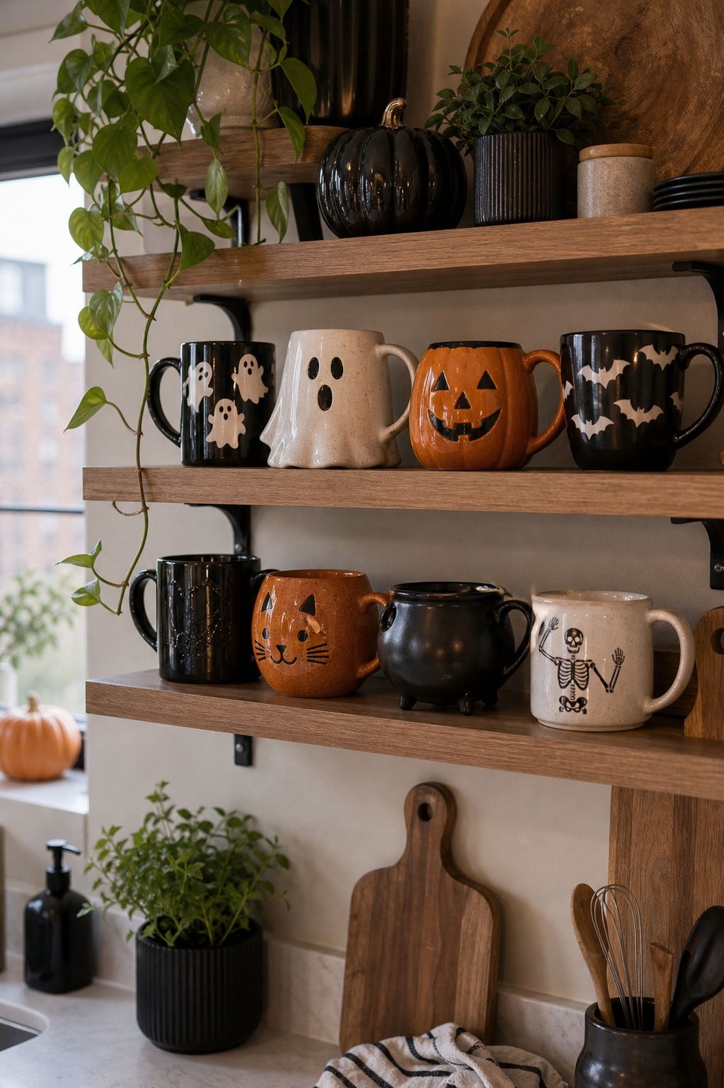 Add a Halloween-Themed Mug Display on Open Shelving small apartment idea for Top 18 Small Apartment Halloween Decorations That Make a Big Impact in Tiny Spaces.