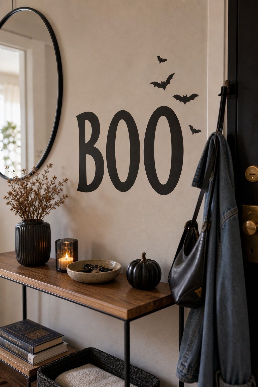 Add a Removable Vinyl "BOO" Decal on the Entry Wall small apartment idea for Top 18 Small Apartment Halloween Decorations That Make a Big Impact in Tiny Spaces.
