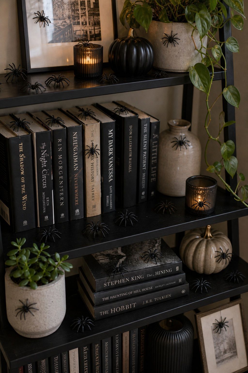 Dollar-Store Plastic Spiders Scattered Across Bookshelves small apartment idea for Top 18 Small Apartment Halloween Decorations That Make a Big Impact in Tiny Spaces.
