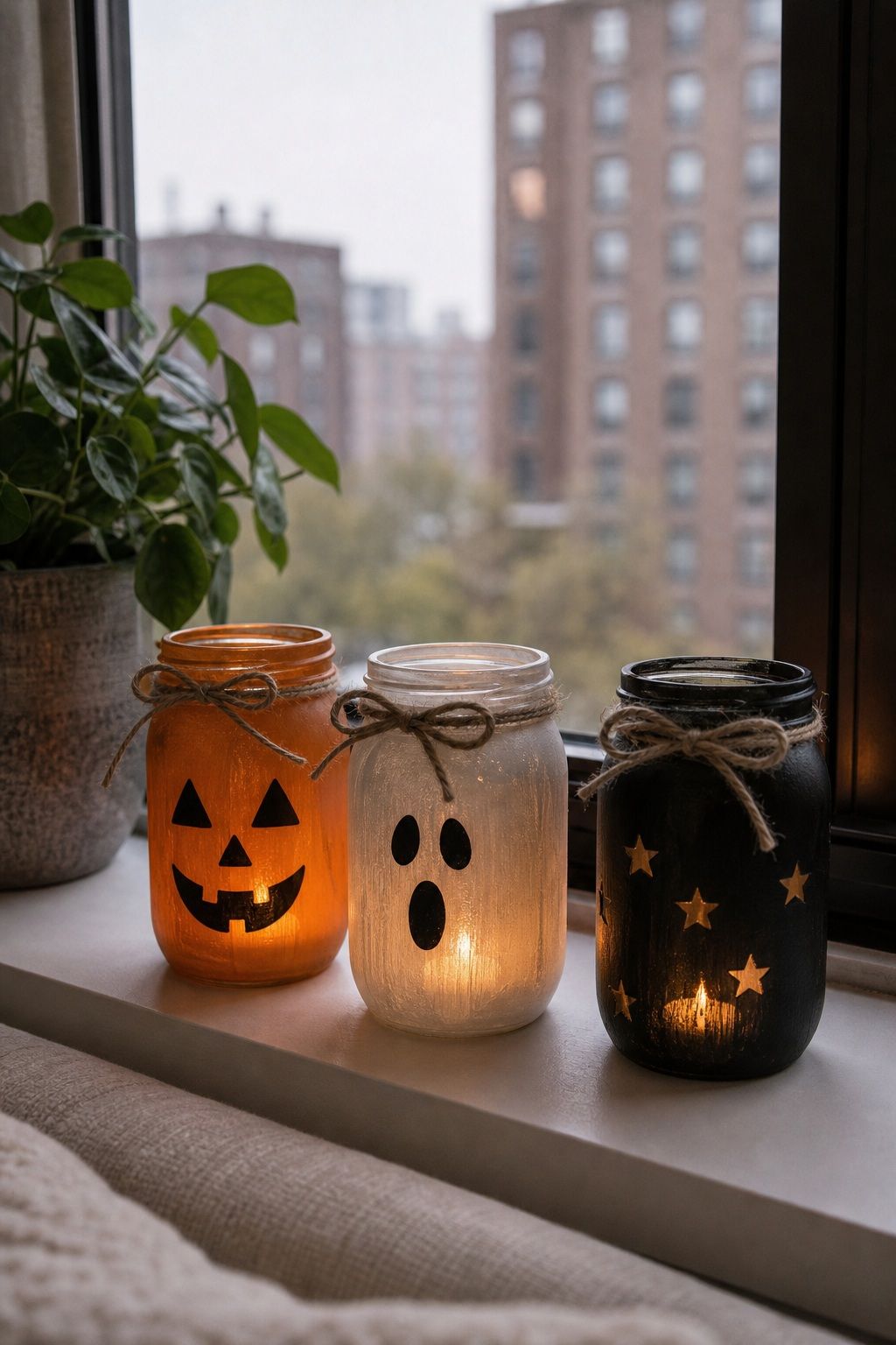 Painted Mason Jar Lanterns With Tea Lights Inside small apartment idea for Top 18 Small Apartment Halloween Decorations That Make a Big Impact in Tiny Spaces.