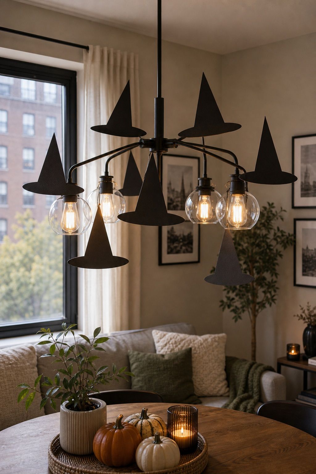 Cardboard Cutout Witch Hats Attached to Light Fixtures small apartment idea for Top 18 Small Apartment Halloween Decorations That Make a Big Impact in Tiny Spaces.