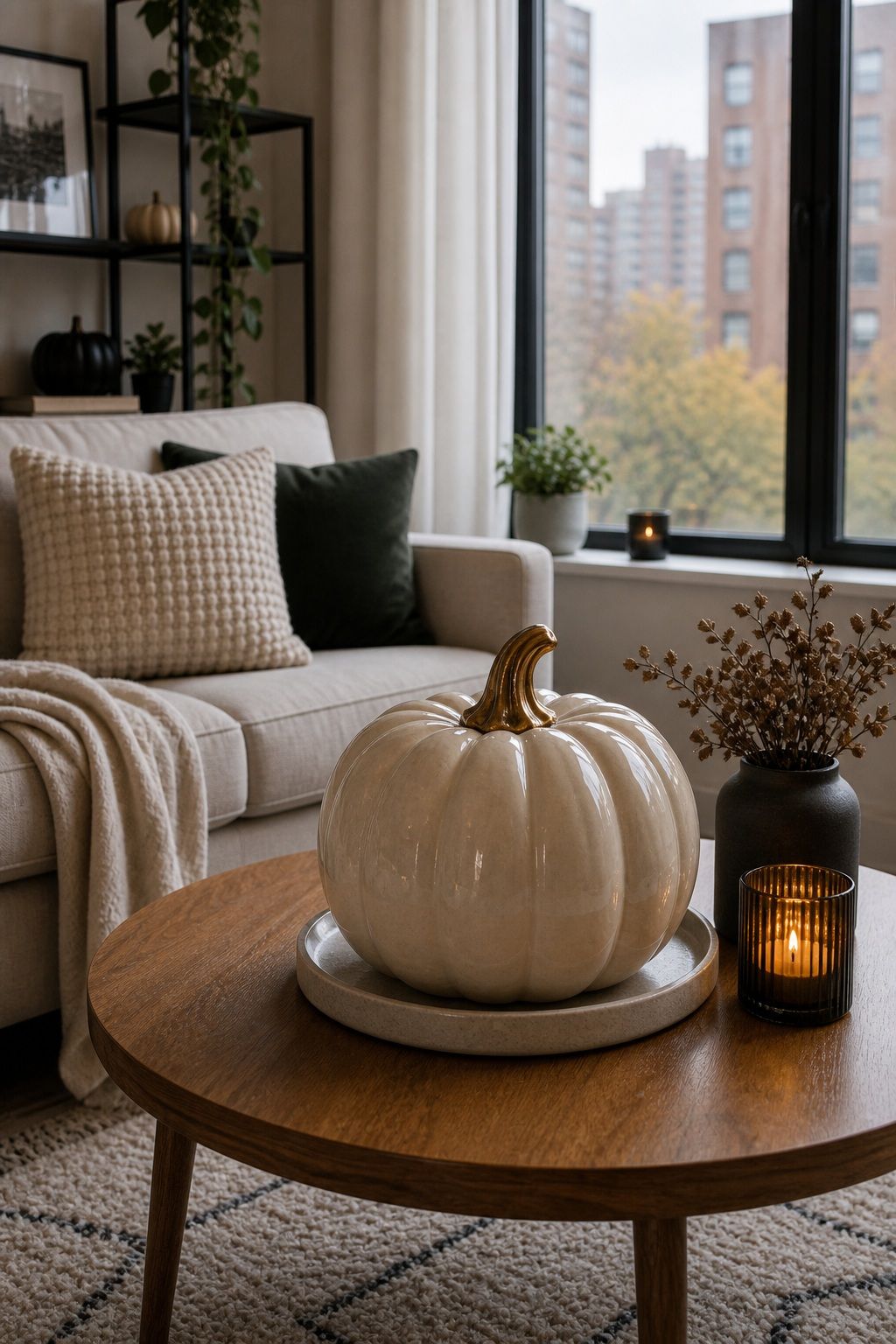 Add a Single Large Ceramic Pumpkin as the Living Room Centerpiece small apartment idea for Top 18 Small Apartment Halloween Decorations That Make a Big Impact in Tiny Spaces.