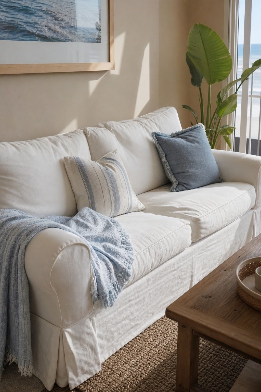 A Soft White or Cream Slipcover Sofa small apartment idea for Top 20 Beach House Interior Ideas for a Small Apartment Refresh.