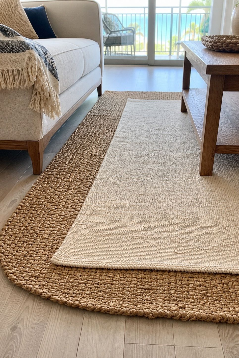 A Layered Jute and Cotton Rug Combination small apartment idea for Top 20 Beach House Interior Ideas for a Small Apartment Refresh.