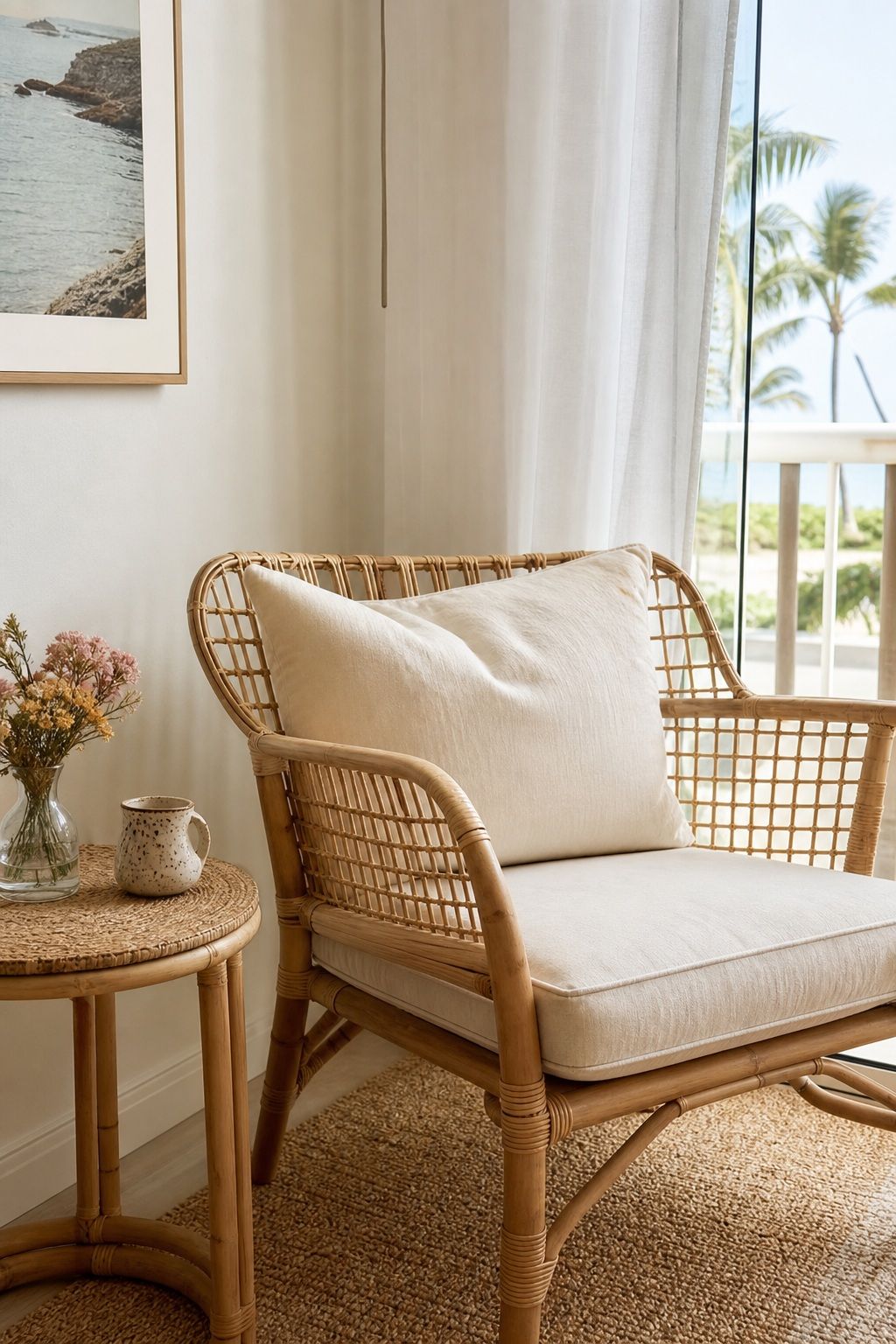 A Rattan or Wicker Accent Chair small apartment idea for Top 20 Beach House Interior Ideas for a Small Apartment Refresh.