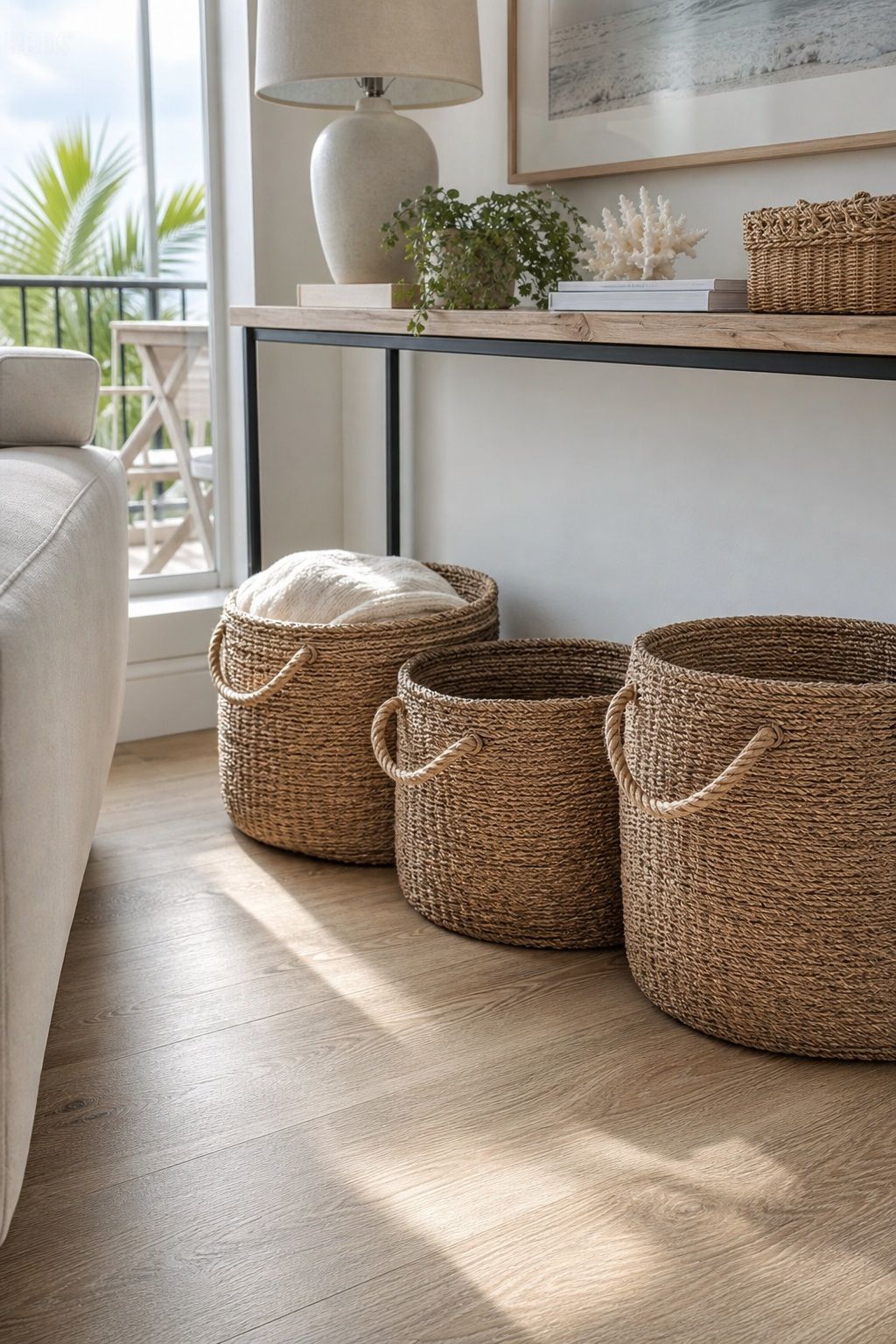 A Trio of Rope-Handled Storage Baskets small apartment idea for Top 20 Beach House Interior Ideas for a Small Apartment Refresh.