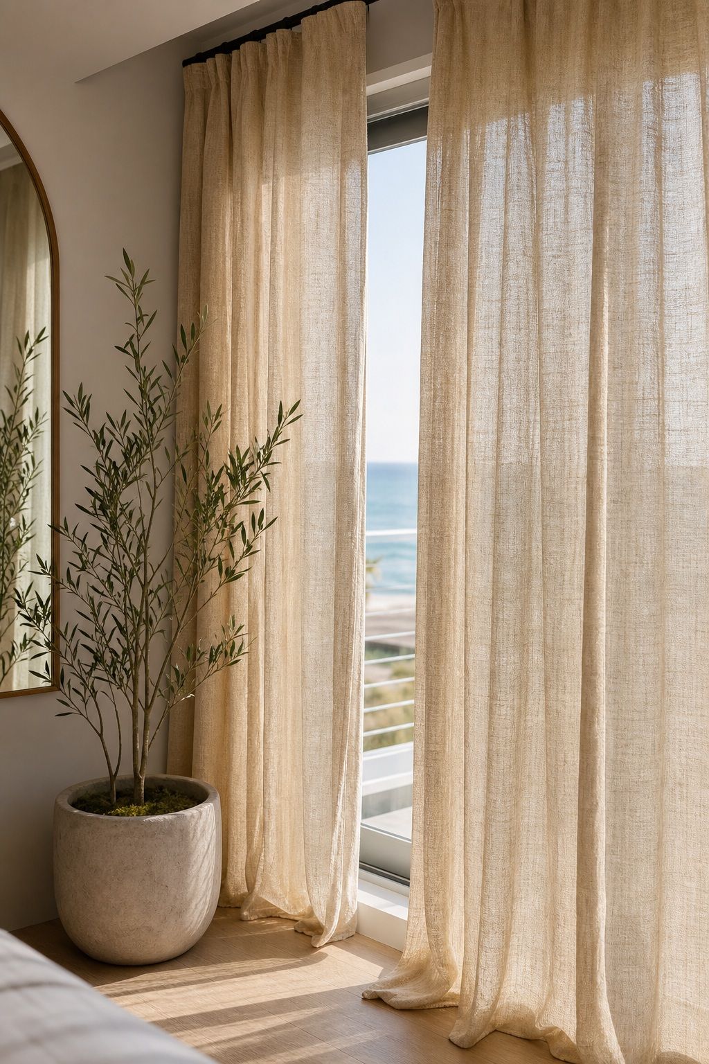 Linen Curtains in Sandy Oatmeal small apartment idea for Top 20 Beach House Interior Ideas for a Small Apartment Refresh.