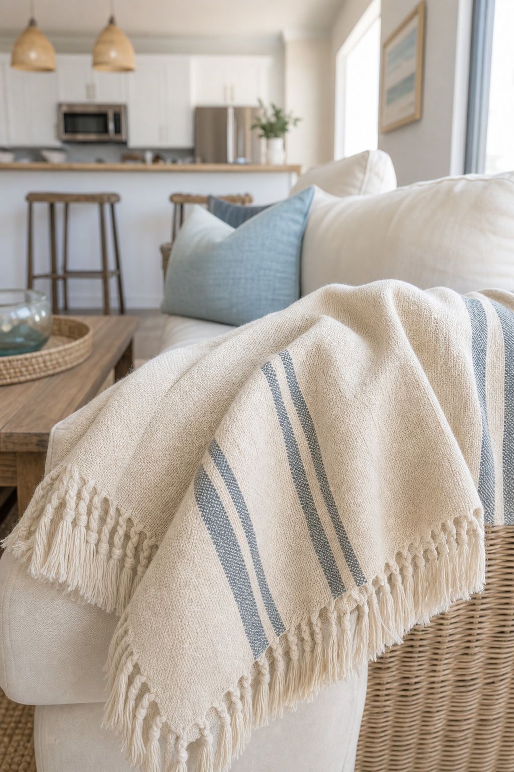 A Cotton Throw Blanket With Fringe Detail small apartment idea for Top 20 Beach House Interior Ideas for a Small Apartment Refresh.