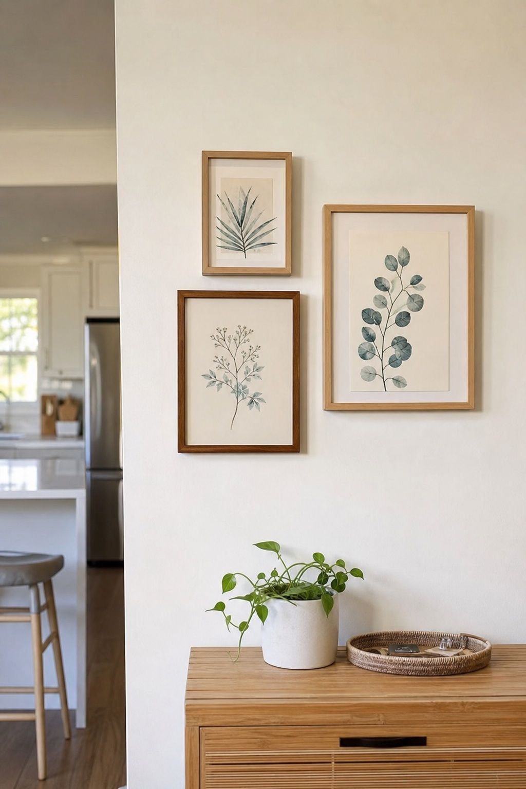 A Cluster of Three Small Framed Botanicals small apartment idea for Top 20 Beach House Interior Ideas for a Small Apartment Refresh.