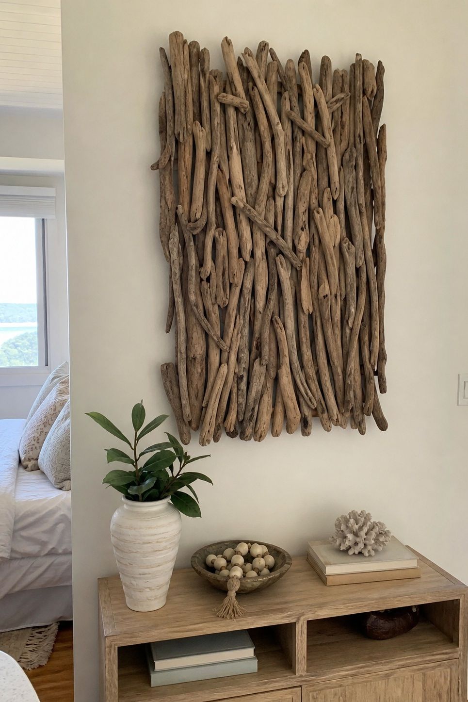 A Driftwood or Sea Grass Wall Sculpture small apartment idea for Top 20 Beach House Interior Ideas for a Small Apartment Refresh.