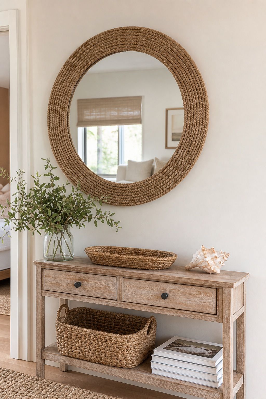 A Round Rope-Wrapped Mirror small apartment idea for Top 20 Beach House Interior Ideas for a Small Apartment Refresh.