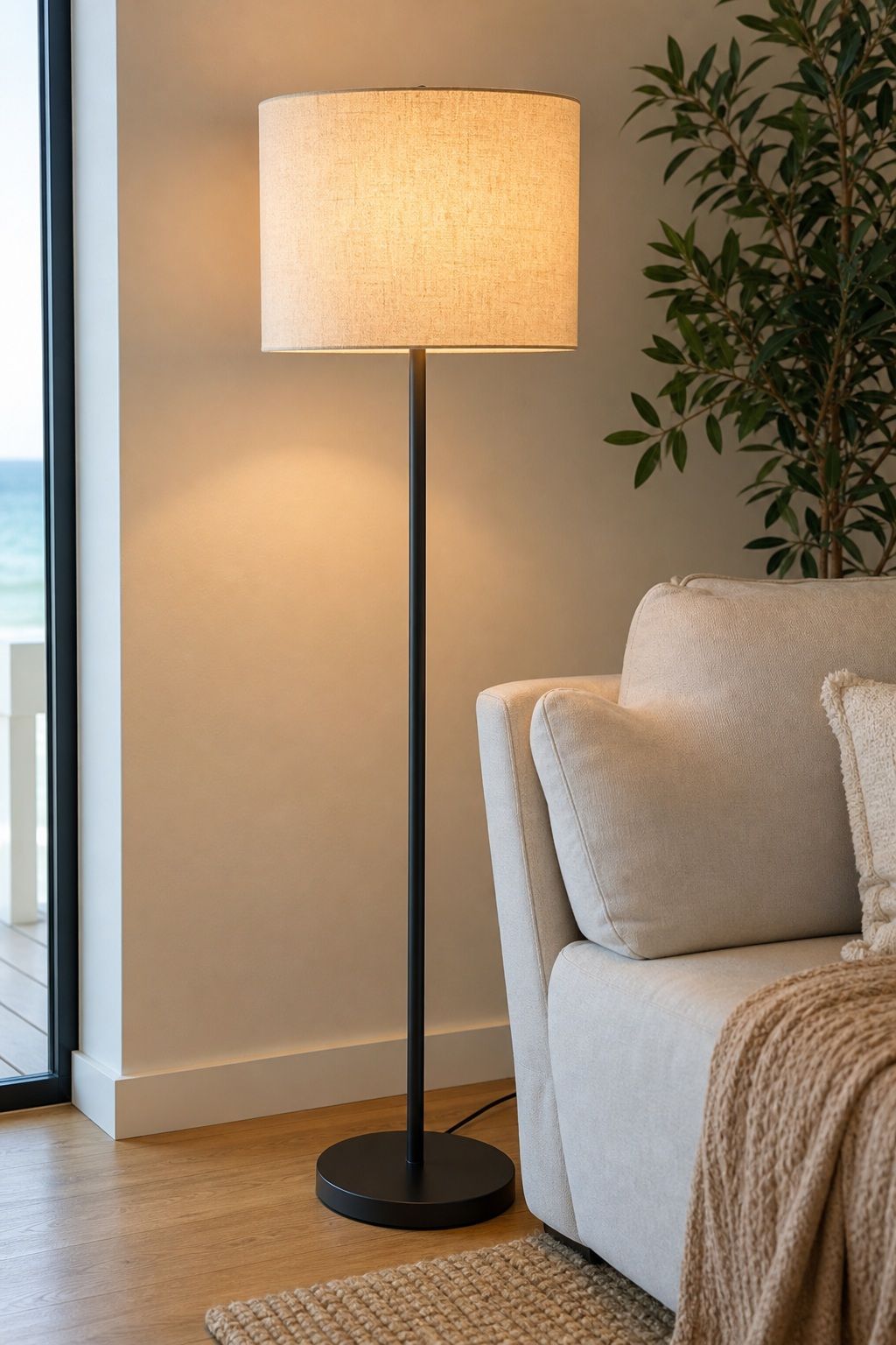 A Linen Drum Shade Floor Lamp small apartment idea for Top 20 Beach House Interior Ideas for a Small Apartment Refresh.