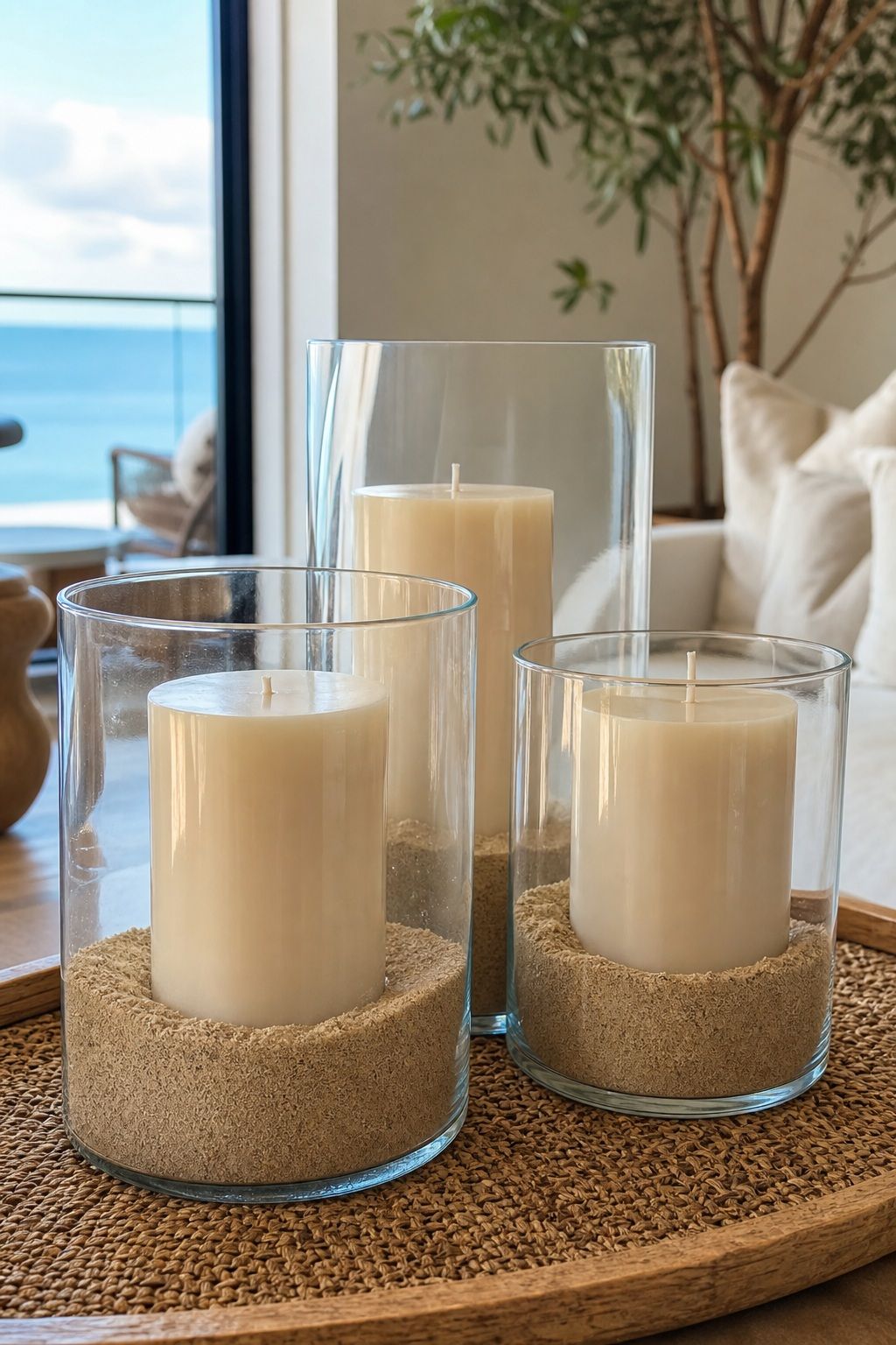 A Cluster of Pillar Candles in Sand-Filled Glass small apartment idea for Top 20 Beach House Interior Ideas for a Small Apartment Refresh.