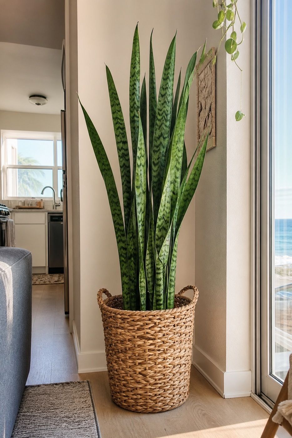 A Tall Potted Snake Plant in a Woven Basket small apartment idea for Top 20 Beach House Interior Ideas for a Small Apartment Refresh.