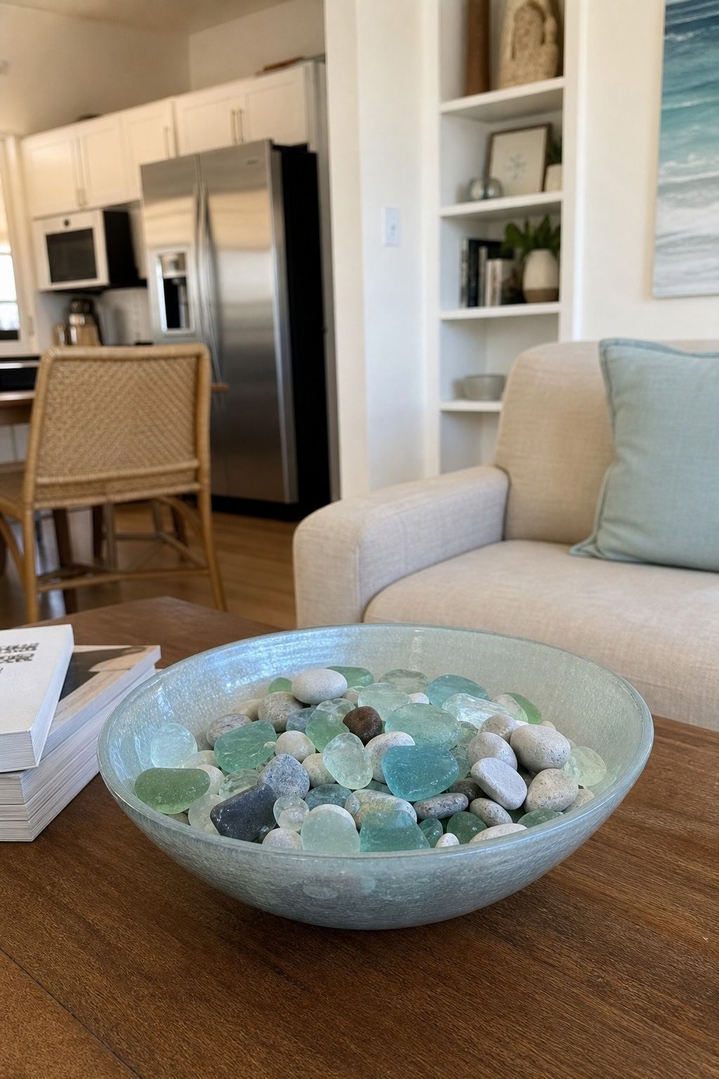 A Bowl of Sea Glass or Pebbles on the Coffee Table small apartment idea for Top 20 Beach House Interior Ideas for a Small Apartment Refresh.