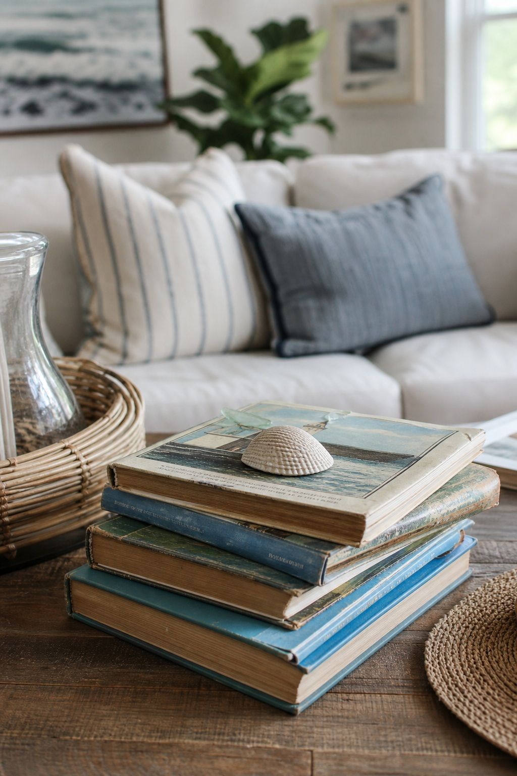 A Vintage Travel or Coastal Book Stack small apartment idea for Top 20 Beach House Interior Ideas for a Small Apartment Refresh.
