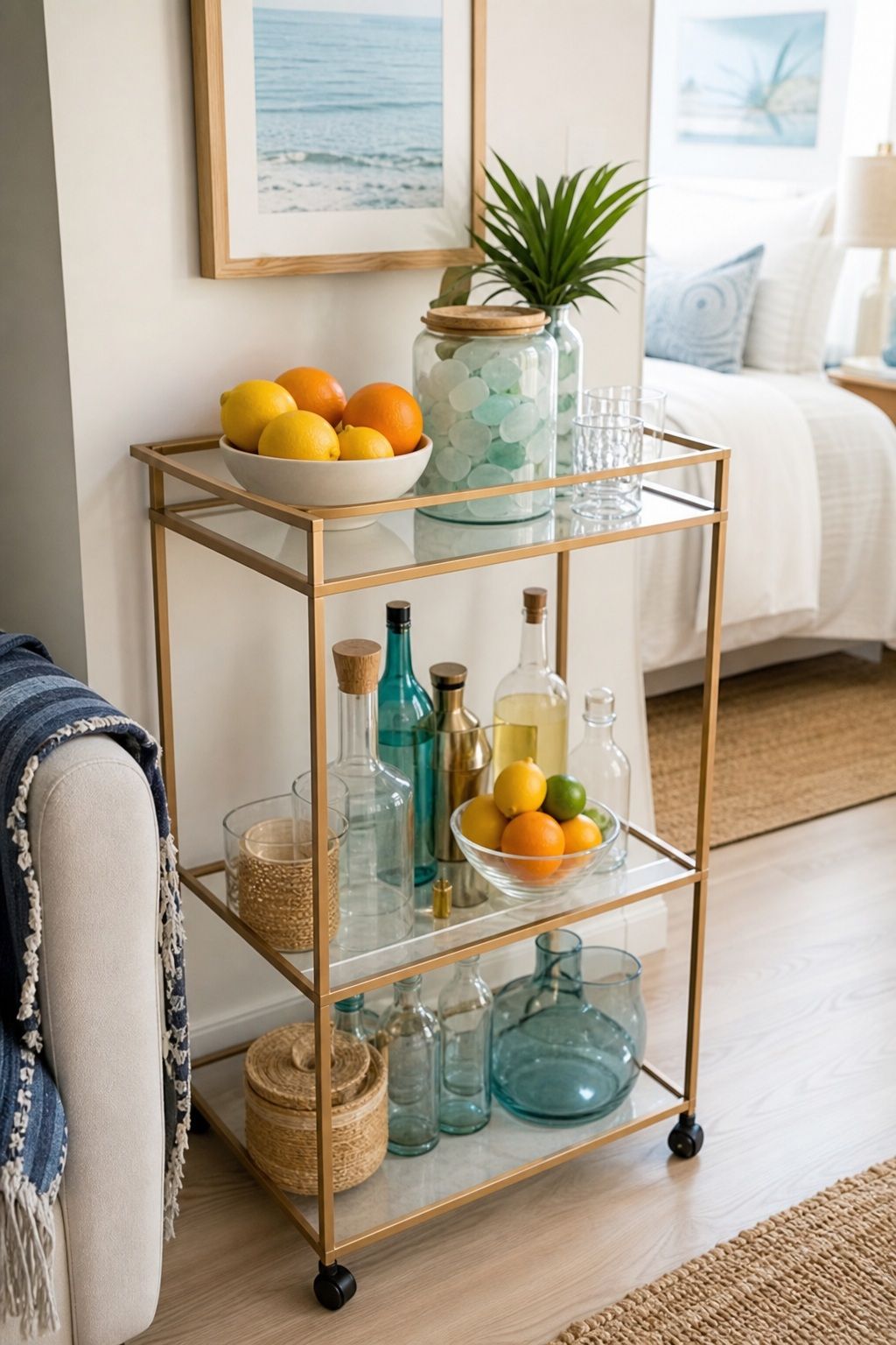 A Slim Bar Cart Styled With Citrus and Sea Glass small apartment idea for Top 20 Beach House Interior Ideas for a Small Apartment Refresh.