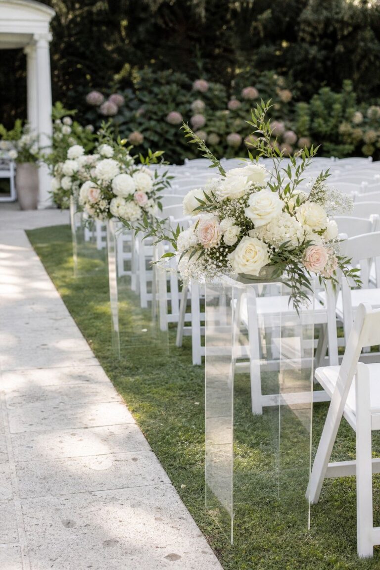 Floating Floral Arrangements on Clear Risers small apartment idea for Top 17 Best Summer Wedding Aisle Decor Ideas.