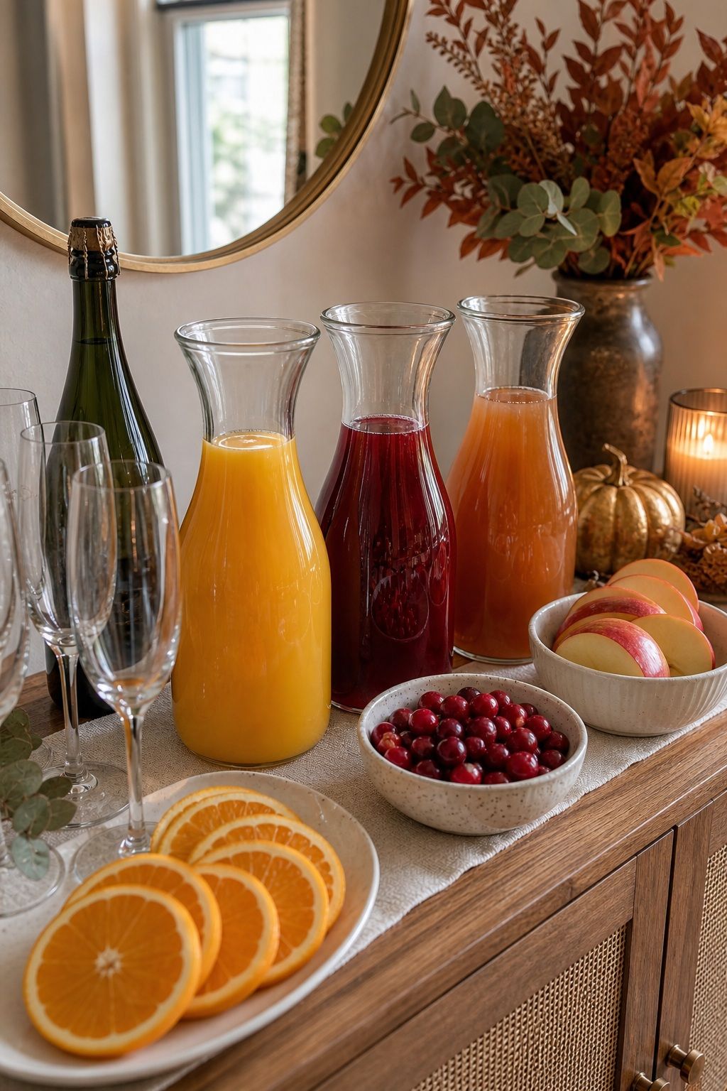 Mimosa Bar With Three Juices Orange Cranberry Apple Cider small apartment idea for Top 16 Friendsgiving Brunch Ideas for a Cozy Late Morning Celebration.