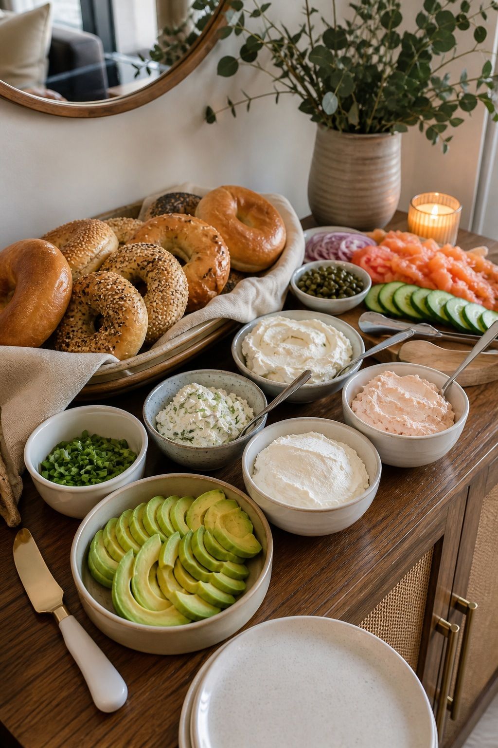 Bagel Bar With Cream Cheese Spreads small apartment idea for Top 16 Friendsgiving Brunch Ideas for a Cozy Late Morning Celebration.