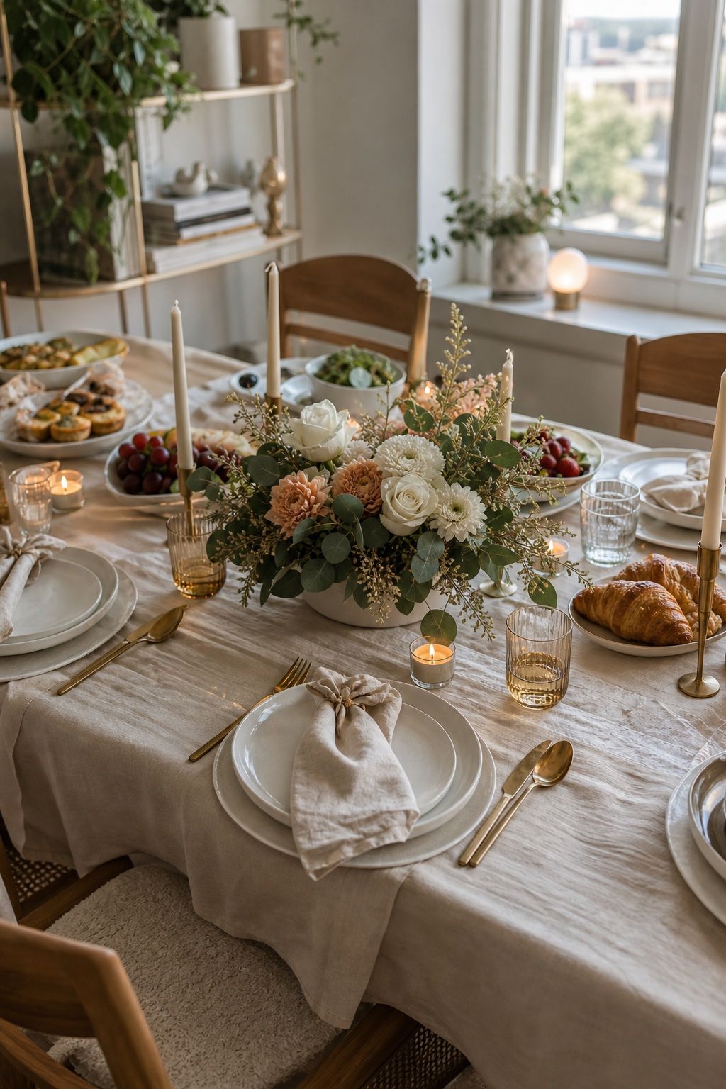 Tablescape Built for Brunch Light Soft Linens Low Centerpiece small apartment idea for Top 16 Friendsgiving Brunch Ideas for a Cozy Late Morning Celebration.