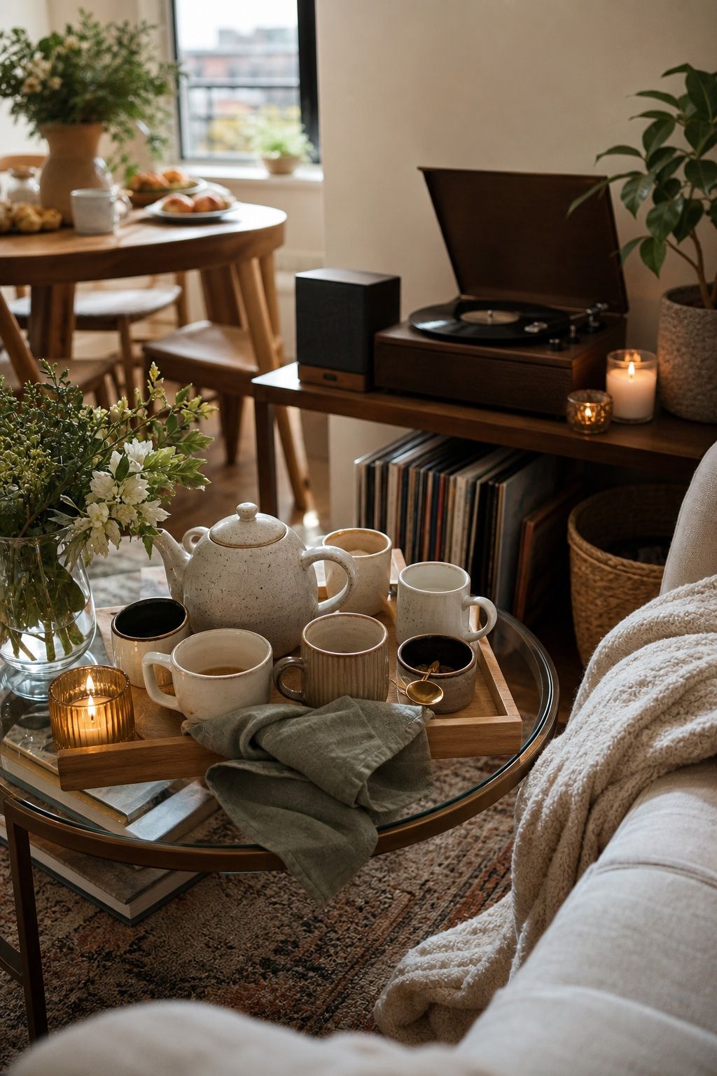 Cozy Wind Down Setup After Brunch Tea Station Soft Music small apartment idea for Top 16 Friendsgiving Brunch Ideas for a Cozy Late Morning Celebration.