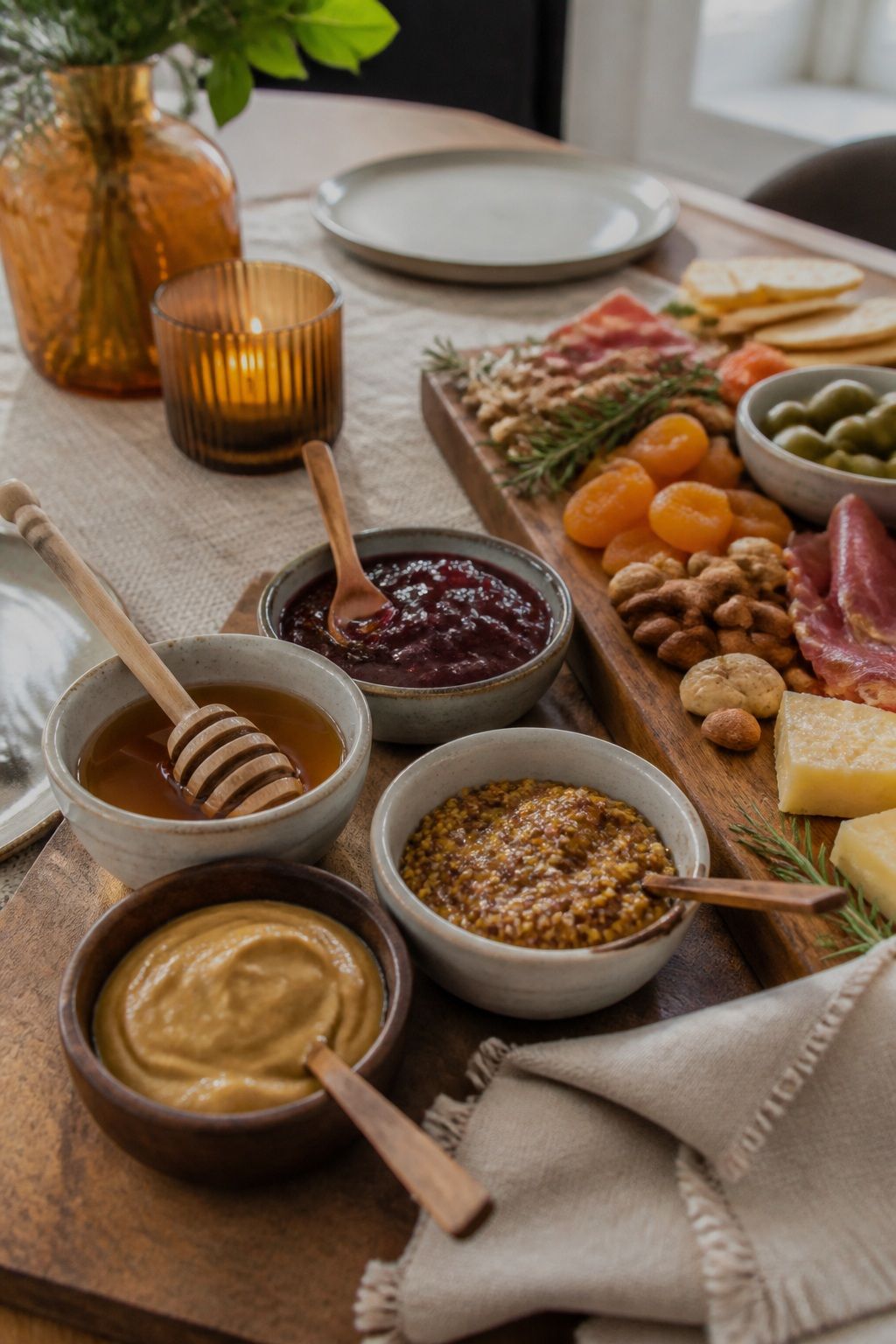 Honey Jam and Mustard Spread Dishes small apartment idea for Top 18 Friendsgiving Charcuterie Board Ideas to Wow Your Celebration.
