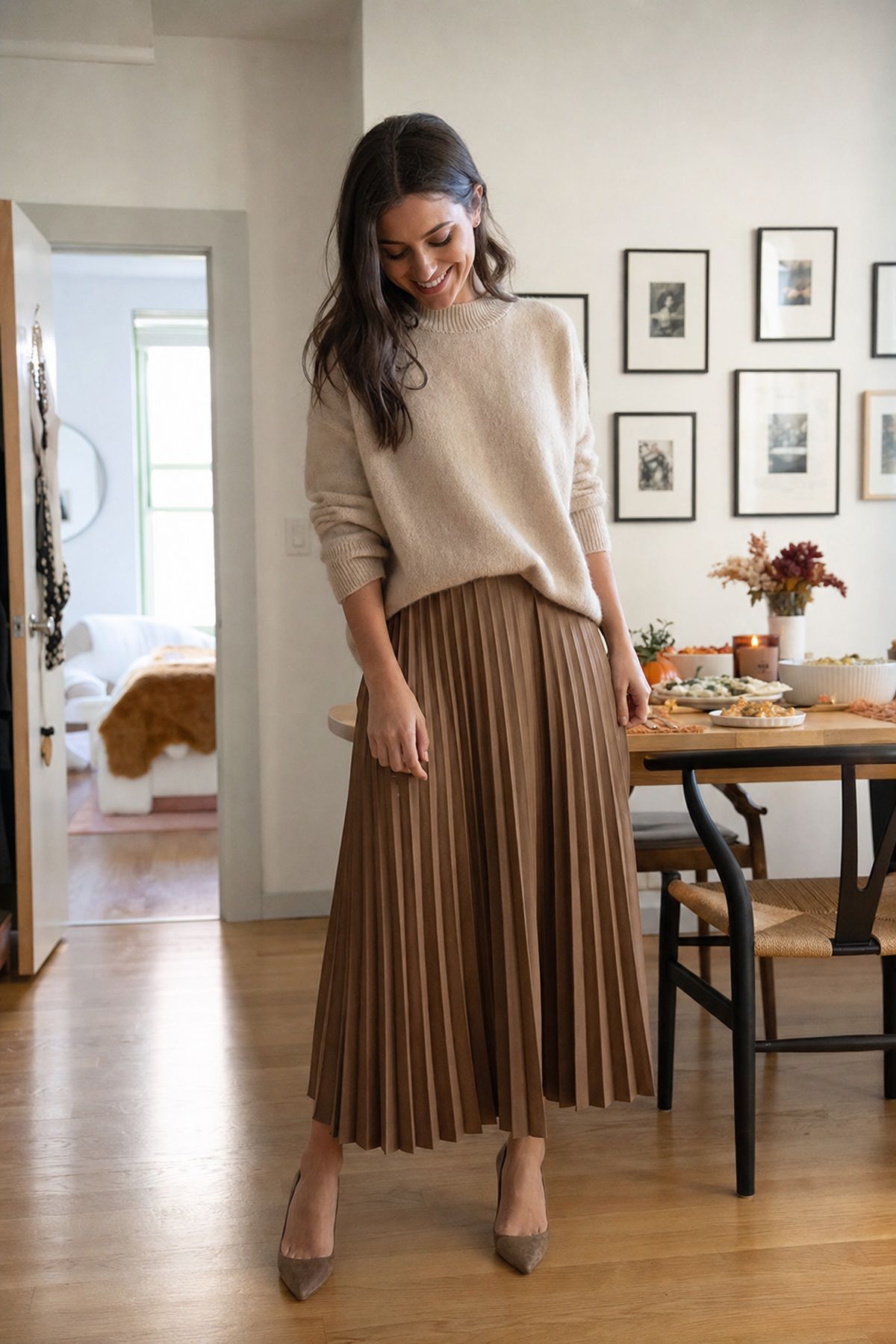 A Knit With a Pleated Midi Skirt small apartment idea for Top 16 Friendsgiving Outfit Ideas for a Cozy, Chic Look.