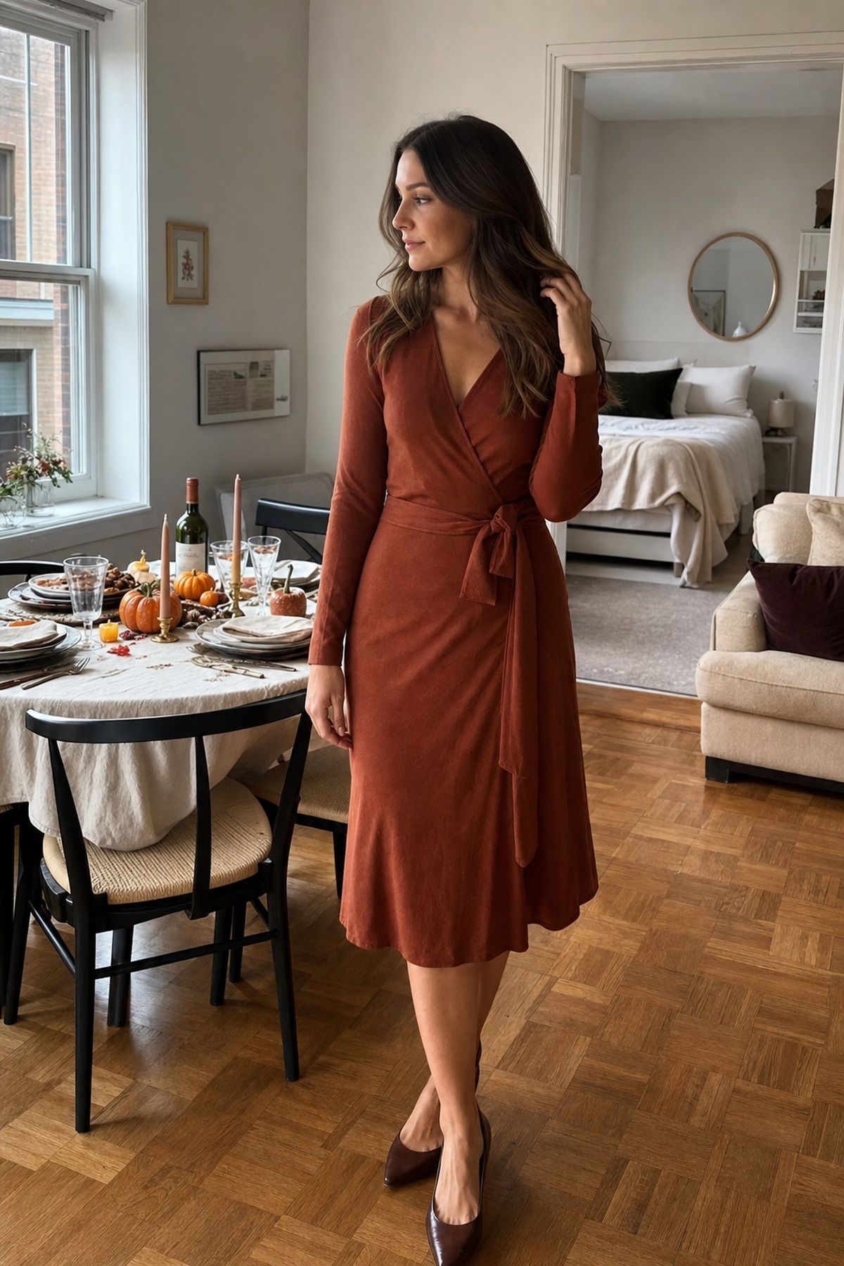 A Wrap Dress in a Fall Tone small apartment idea for Top 16 Friendsgiving Outfit Ideas for a Cozy, Chic Look.