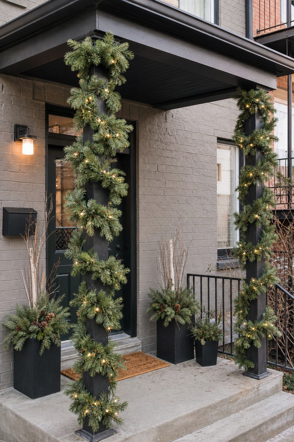 Wrap the Porch Columns in Garland small apartment idea for Top 18 Front Porch Christmas Decor Ideas for Apartments and Small Outdoor Spaces.