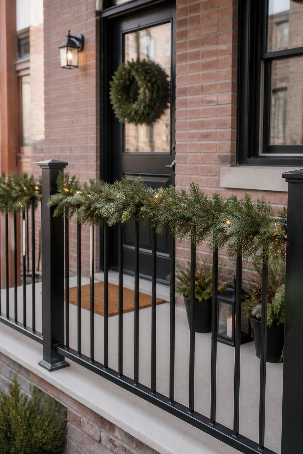 Run Garland Along the Railings small apartment idea for Top 18 Front Porch Christmas Decor Ideas for Apartments and Small Outdoor Spaces.
