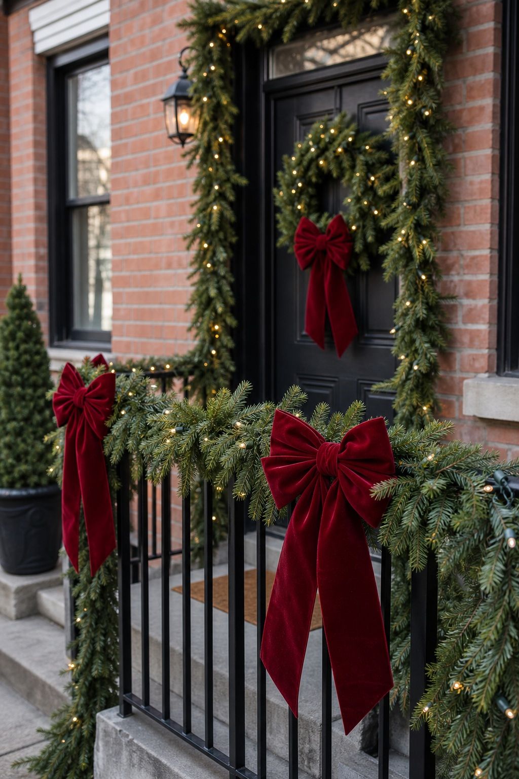 Add Oversized Bows to the Garland small apartment idea for Top 18 Front Porch Christmas Decor Ideas for Apartments and Small Outdoor Spaces.