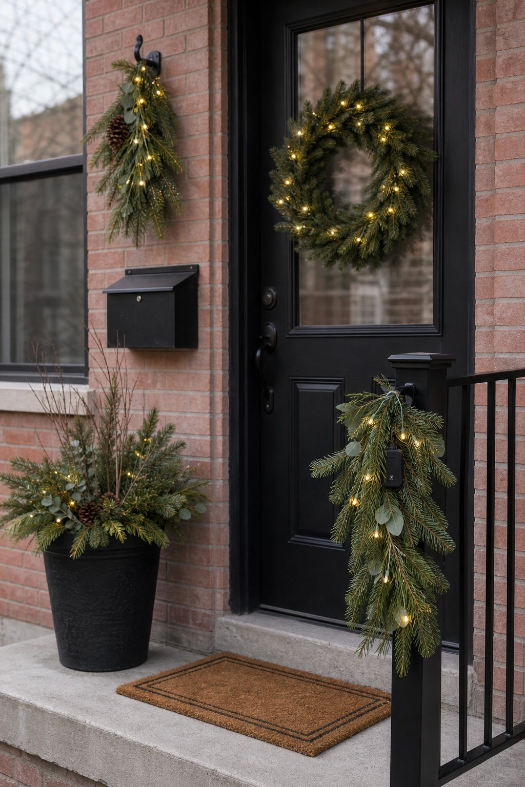Add Battery Wreaths and Swags for No-Outlet Spots small apartment idea for Top 18 Front Porch Christmas Decor Ideas for Apartments and Small Outdoor Spaces.